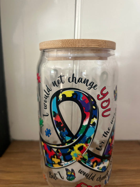 Autism Awareness glass  with straw