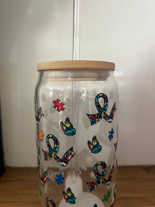 Autism Awareness glass  with straw