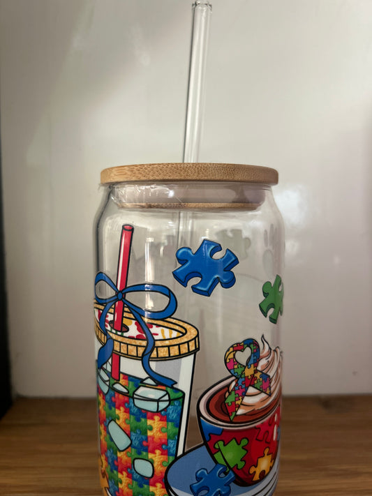 Autism Awareness glass tumbler with straw
