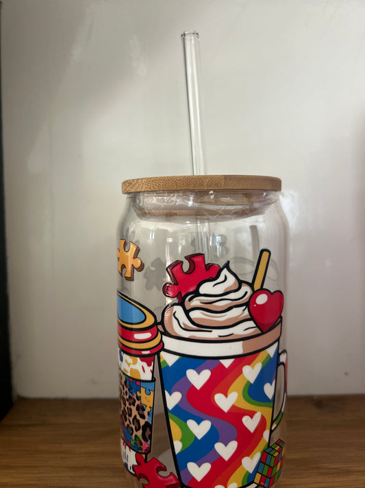 Autism Awareness glass tumbler with straw